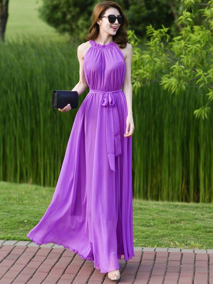 [Hcm]Maxi Dress with Birds Necklace with Tie Strap