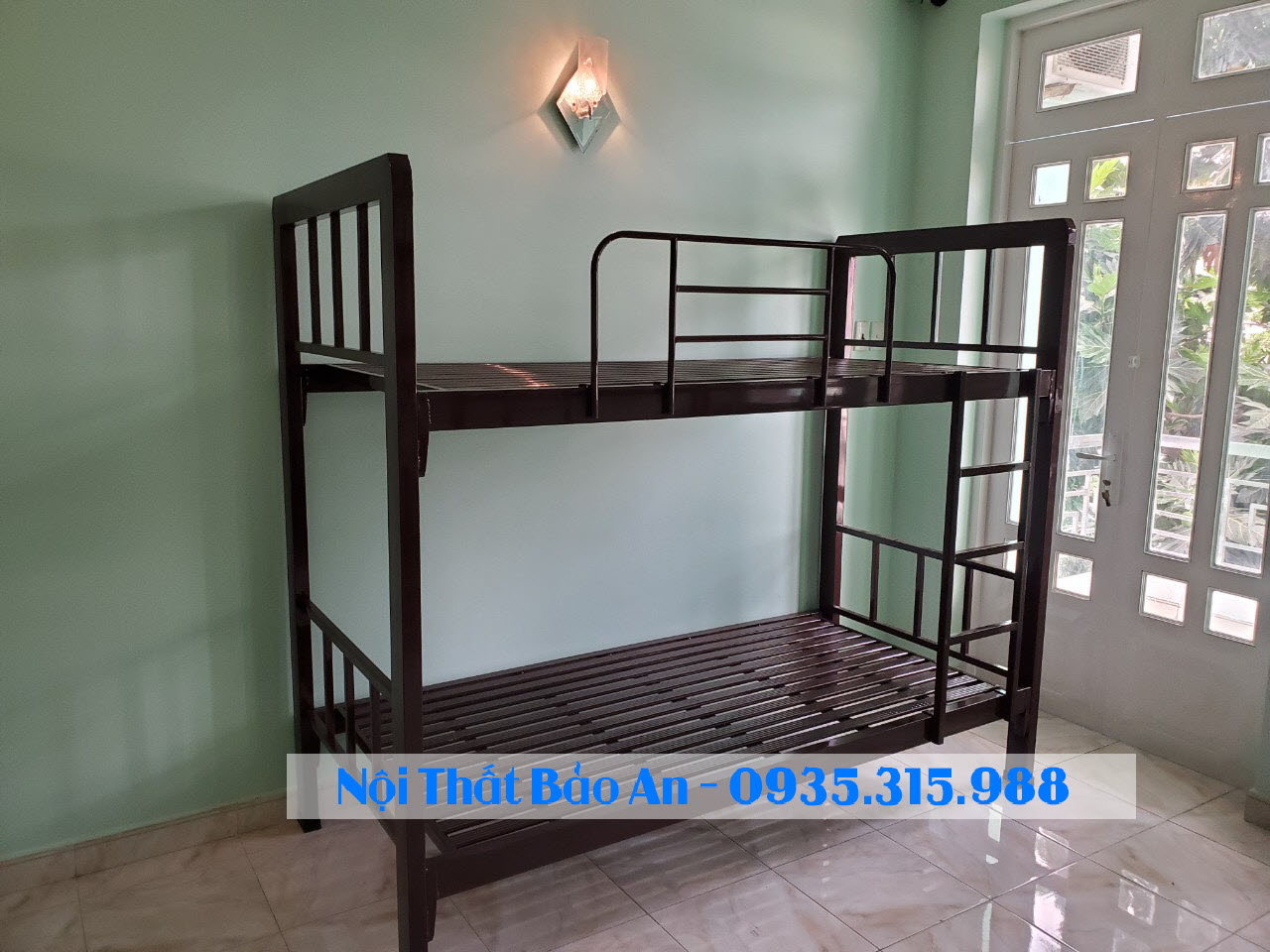 Giường sắt 2 tầng ngang 1m dài 2m hộp nâu