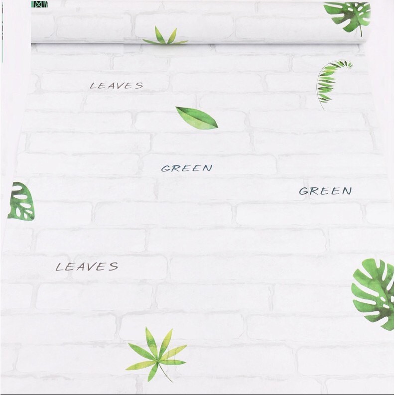 Giấy dán tường gạch trắng lá xanh 0.45*10m