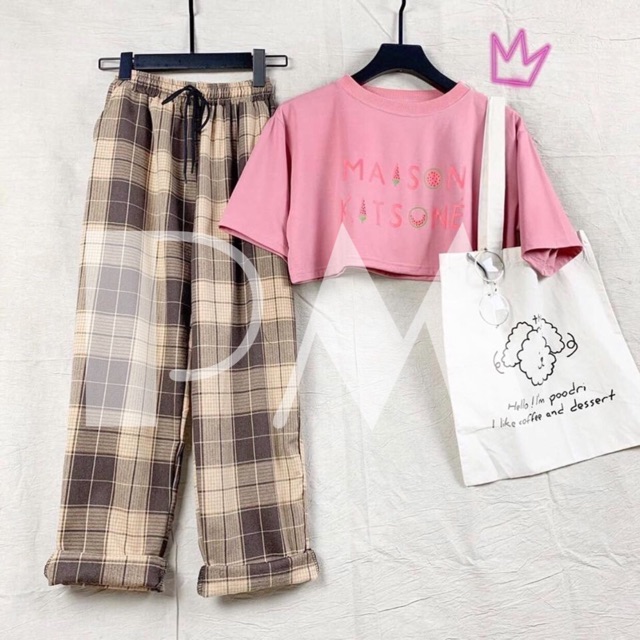 Sét áo Croptop maison + quần karo , áo thun nam nữ, quần khaki, quần nữ, sét bộ mặc ở nhà, áo thun tay dài, quần jean ống rộng - LEEDA