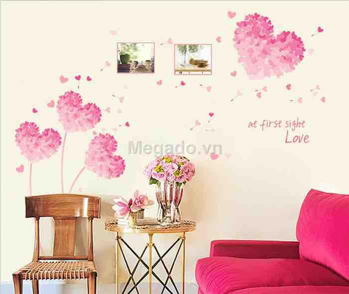 Decal tranh dán tường trái tim hồng