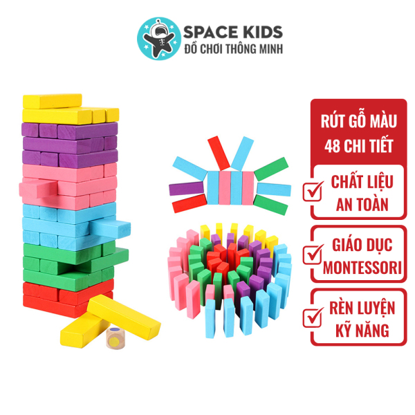 Đồ chơi trẻ em Rút gỗ 48 chi tiết kèm xúc xắc chất liệu gỗ tự nhiên nhiều màu sắc cho bé vui chơi Space Kids