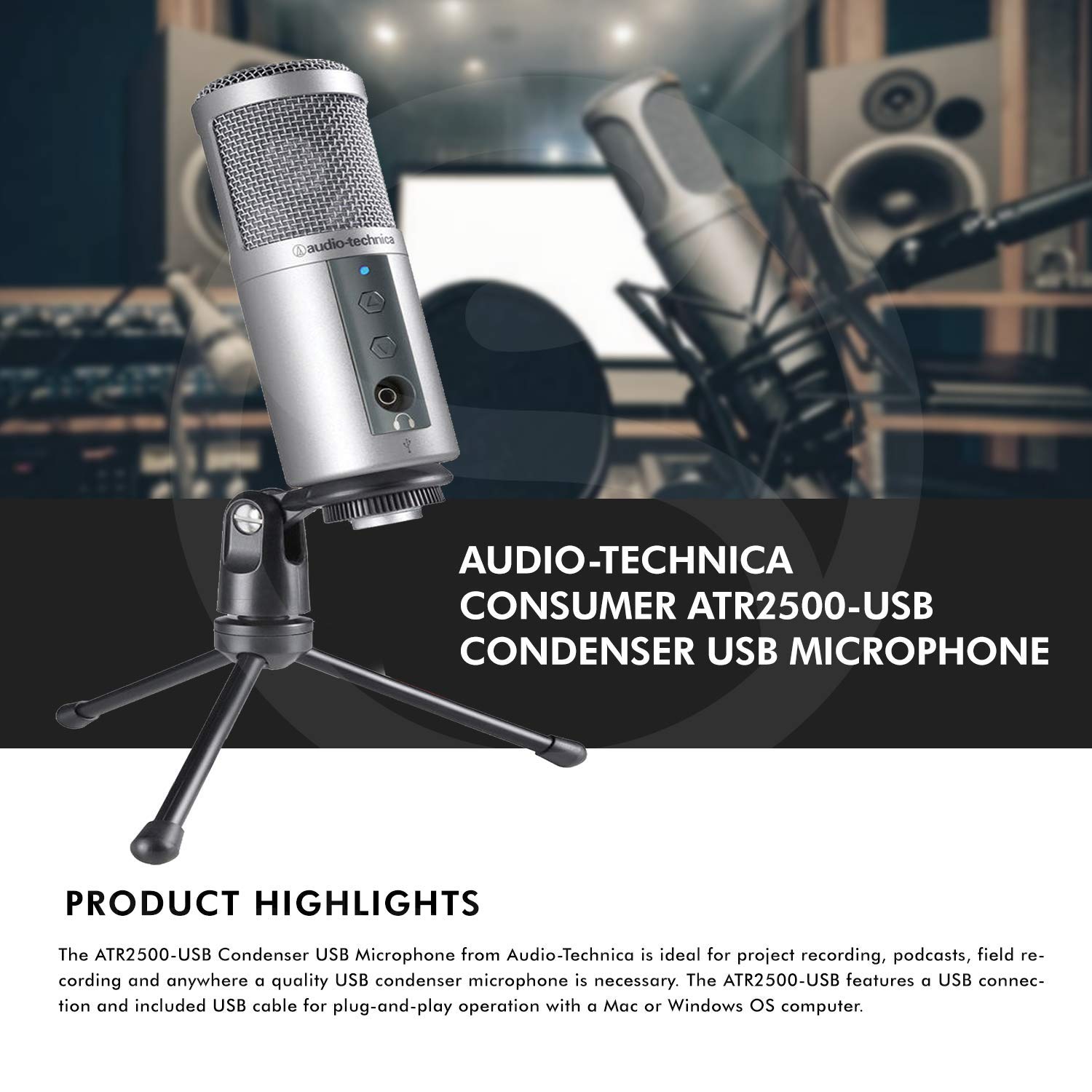 Audio-Technica ATR2500-USB Side-Address USB Microphone w/ Headphone Monitor