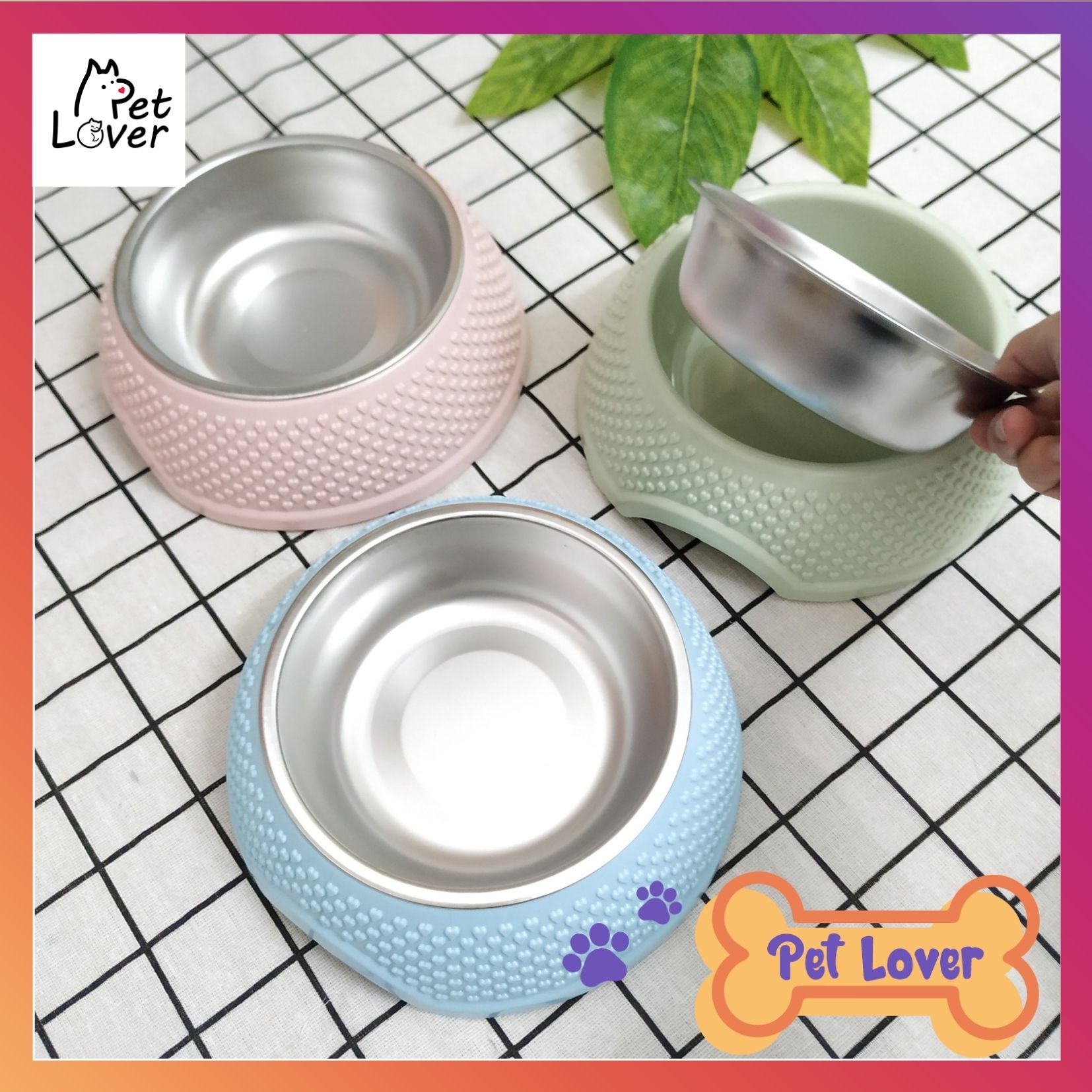 Bát ăn cho chó, bát ăn cho mèo, bát ăn inox cho chó mèo, khay inox tháo rời, dễ dàng vệ sinh, chất liệu nhựa bền, màu sắc cute – Mã BABS90 - Petlover