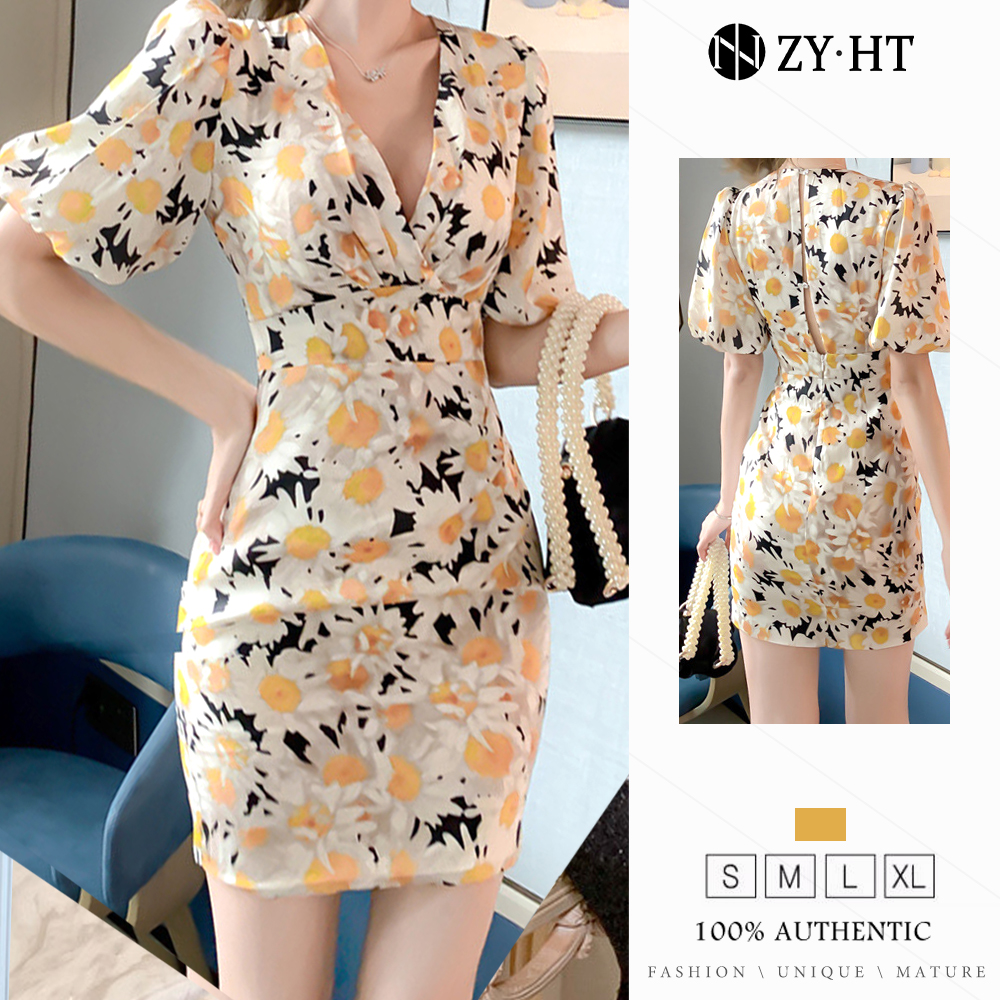 ZYHT eravogue Váy hoa cúc Váy in cổ điển kiểu Pháp Cổ V eo cao tay áo phồng váy ngang hông đầm body nữ ôm body sexy 4075