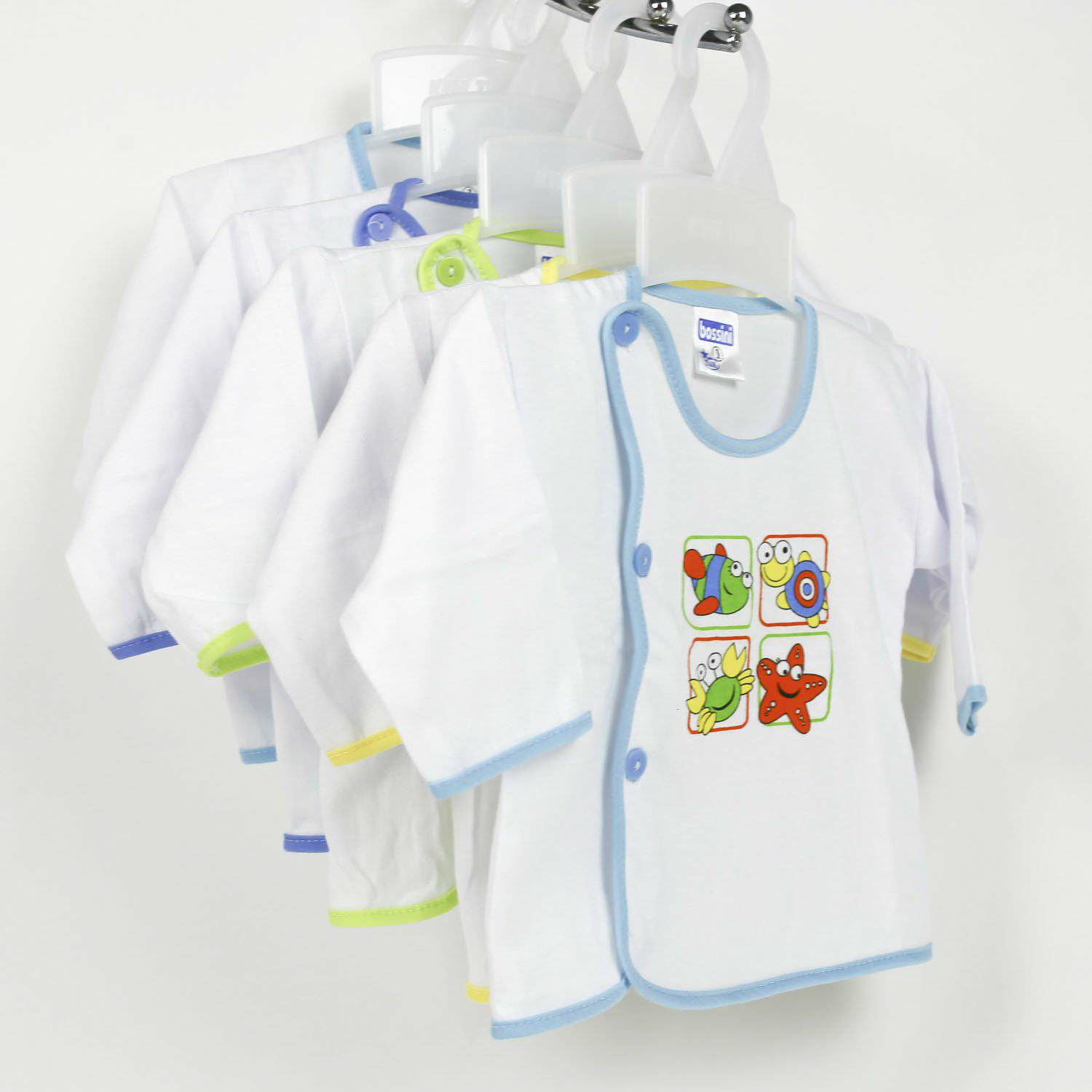 Bộ 5 áo sơ sinh dài tay Bosini màu trắng cúc lệch cho bé từ 0-12 tháng