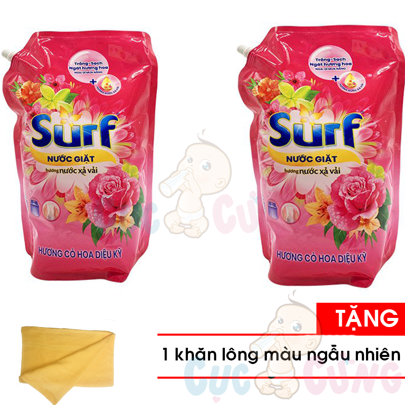 Combo 2 bịch Nước giặt Surf hương cỏ hoa dịu kỳ túi 3.3kg Tặng 1 khăn tắm 25x40cm màu ngẫu nhiên