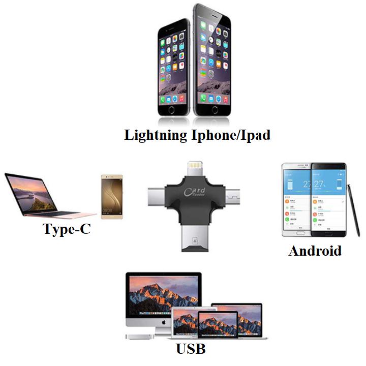 Đầu đọc thẻ 4 in 1 OTG, USB, TYPE - C, IOS chất lượng cao