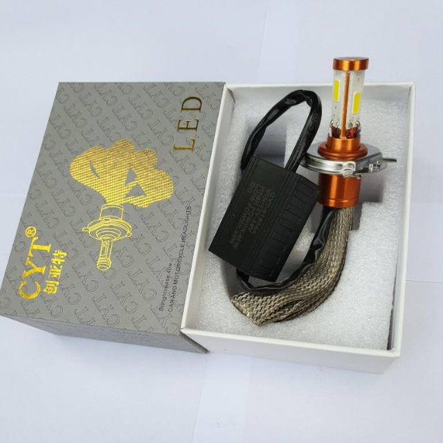 Đèn pha Led CYT 3 Tim siêu sáng Cost Vàng-Trắng  đuôi công tản nhiệt (chân đèn H4,M5) BẢO HÀNH 6 THÁNG
