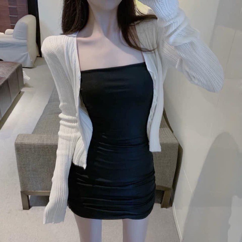 Đầm Body, Váy 2 Dây Mảnh Đen Dáng Ngắn 80Cm