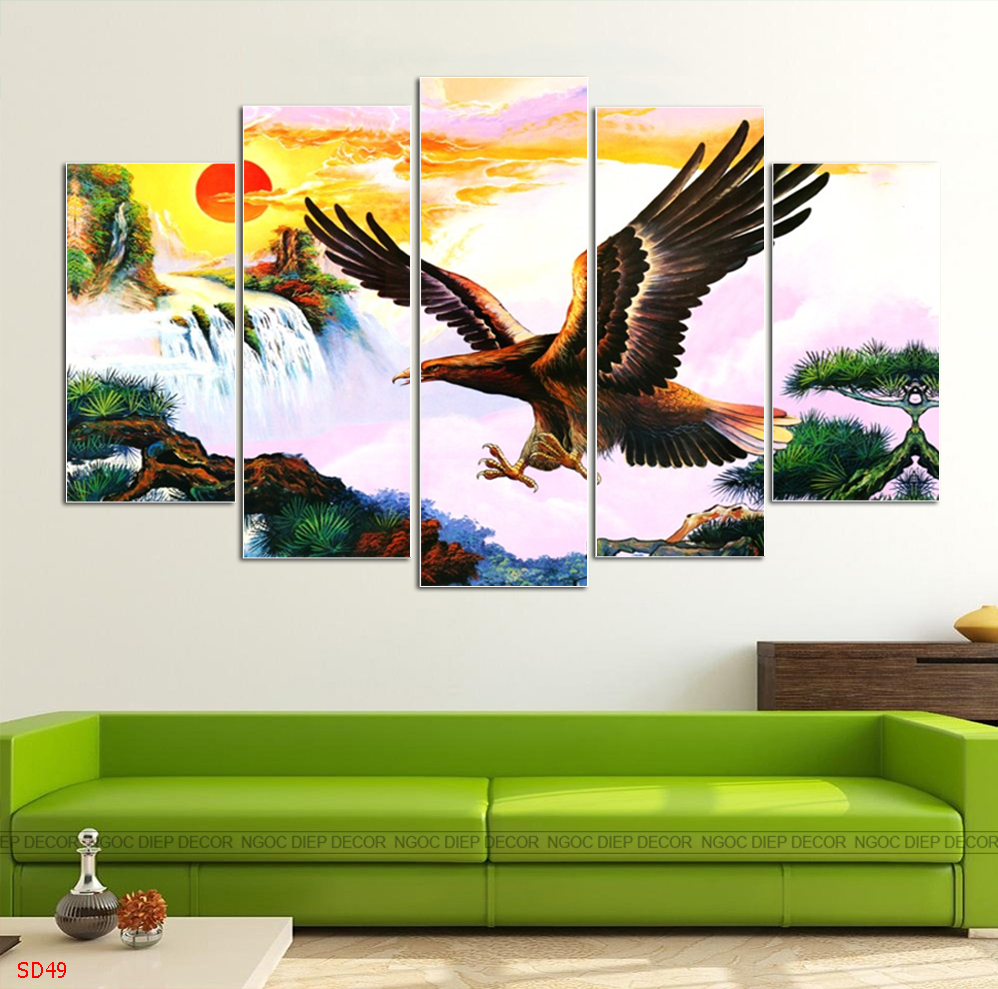 Tranh dán tường phòng khách Đại Bàng tung cánh 3D, Tranh phong thủy, In UV chống bay màu