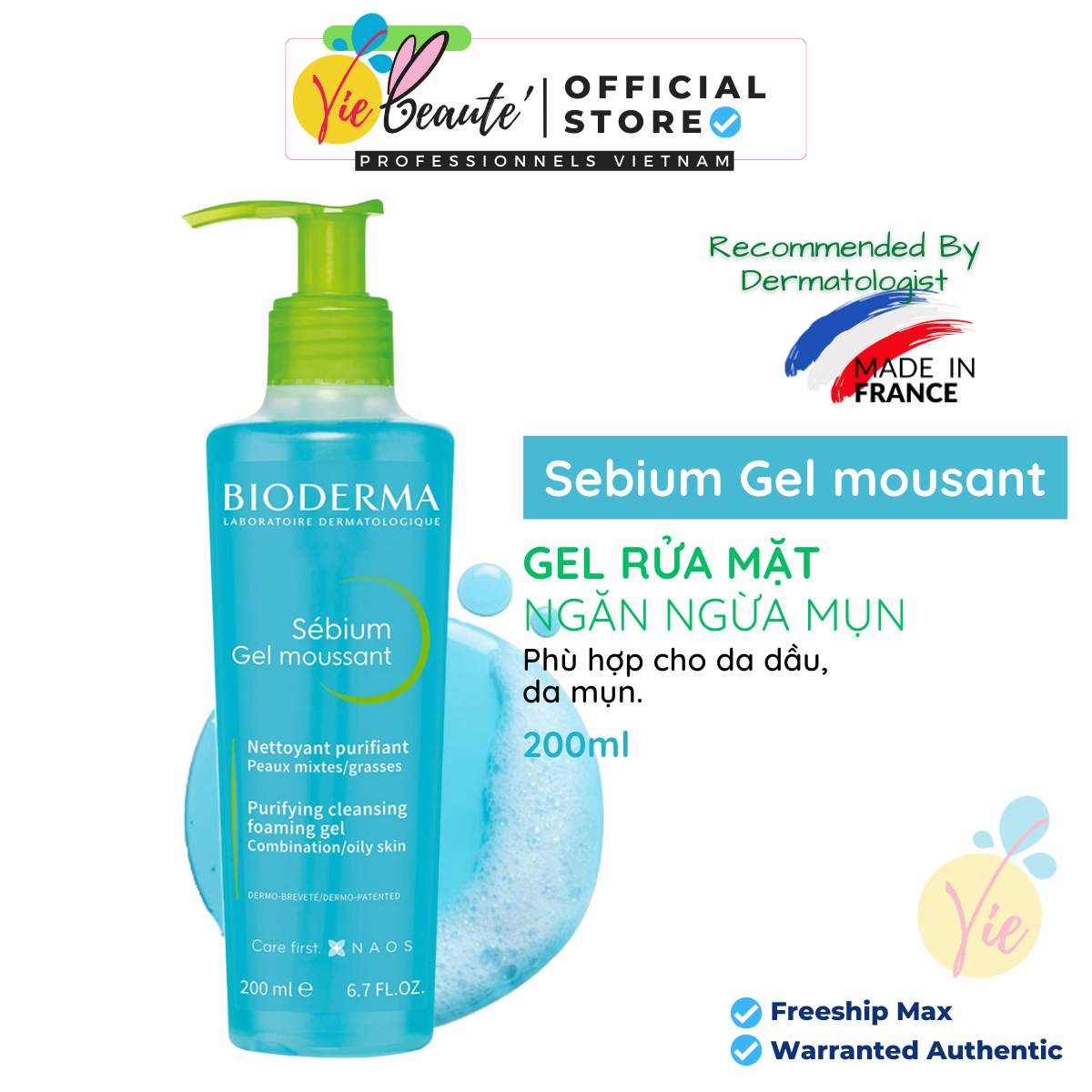 Sữa rửa mặt bioderma dạng gel cho da dầu & hỗn hợp sebium gel moussant - 200ml