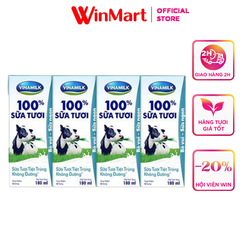 [Siêu thị WinMart] - Sữa tươi tiệt trùng Vinamilk không đường Lốc 4 hộp x 180ml