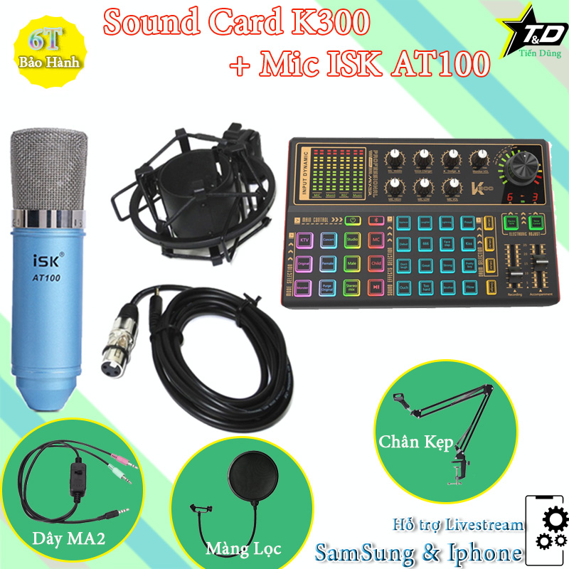 Bộ mic thu âm ISK AT100 chính hãng và sound card k300 có bluetooth tích hợp pin chân đế màng lọc dây livestream MA2