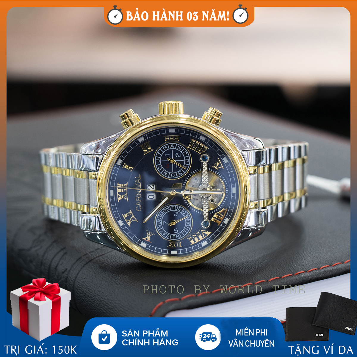 Đồng hồ nam dây thép Carnival 8728G mặt kính saphire chống xước, fullbox và bảo hành 3 năm