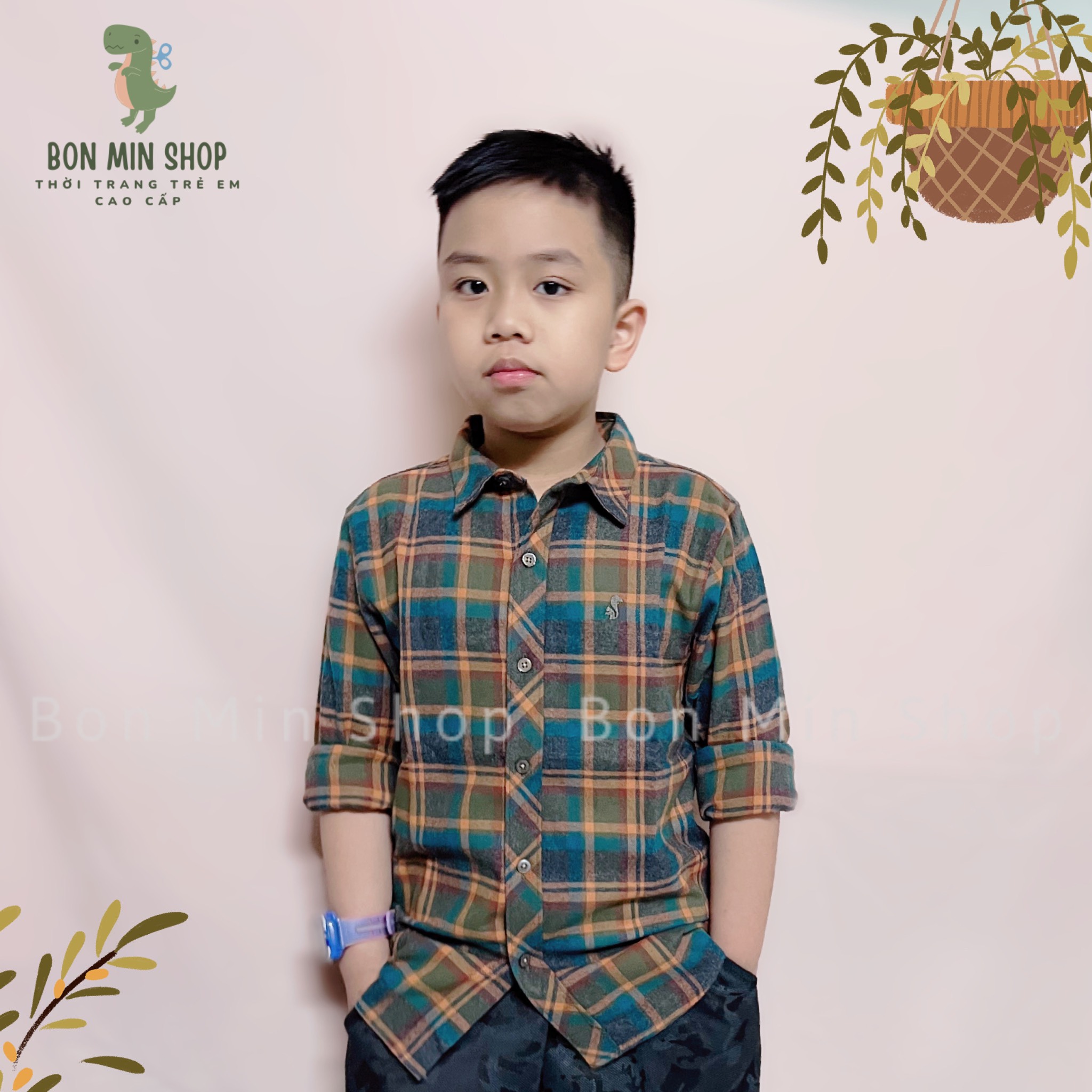 Áo sơ mi kẻ tay dài bé trai