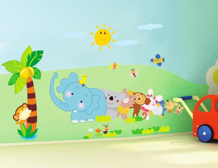 Sticker Tranh Dán Tường,  Decal dán tường kết hợp Các con thú và Chân Tường Động Vật AY639+XL7181