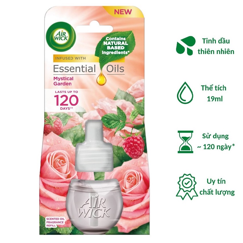 Chai tinh dầu cắm điện Air Wick Refill AWK2335 Mystical Garden 19ml (Hương hoa hồng và dâu tây) hoàn toàn từ thiên nhiên, tinh chế dạng nước hoa cao cấp giúp thơm phòng mang đến không gian sống đẳng cấp