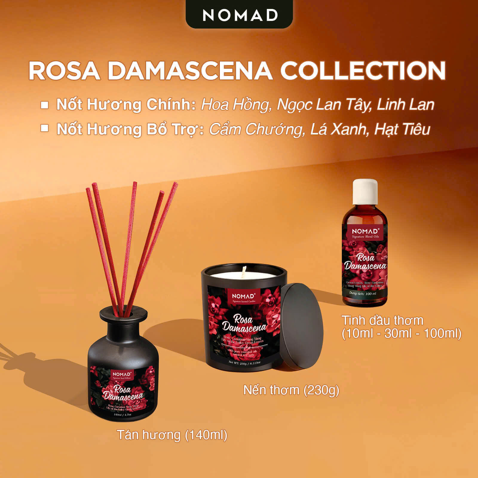 Bộ Tán Hương Que Mây Nomad Reed Diffuser 140ml - Rosa Damascena