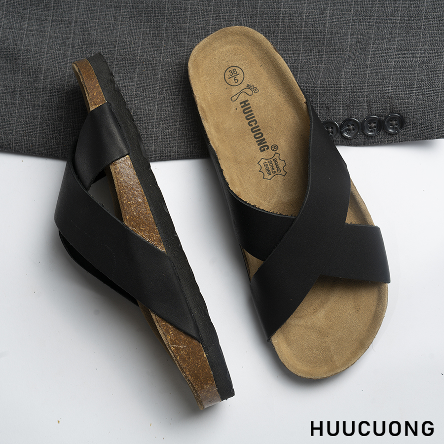 Dép unisex quai chéo da bò đen đế trấu