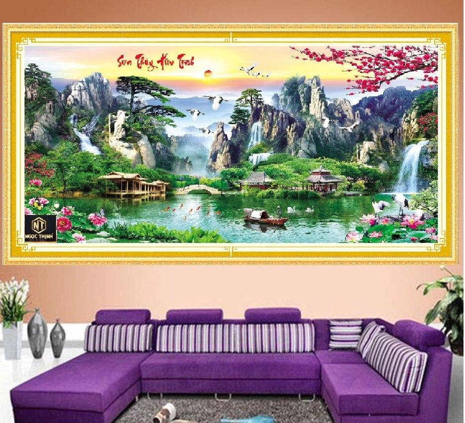 Tranh thêu chữ thập phong cảnh LƯU THUỶ SINH TÀI MN0058 151x71cm