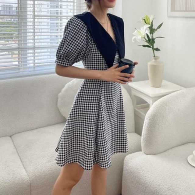 Đầm dạ bố caro phối cổ peter đen (có bigsize)