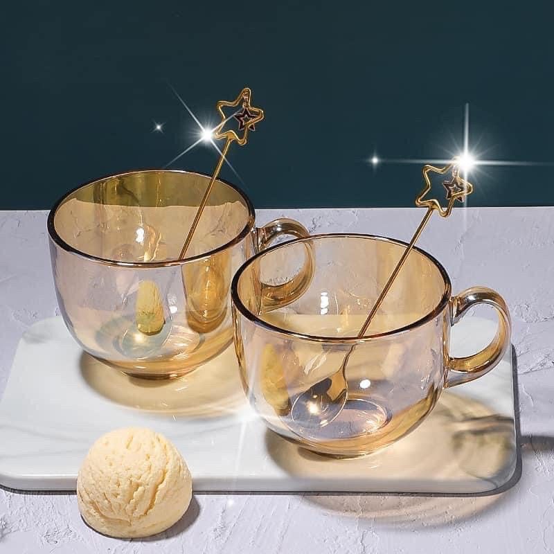 Set 2 ly thuỷ tinh màu hổ phách 480ml-cốc hổ phách - cốc thủy tinh chịu nhiệt - dung tích 480ml-bộ 2 cốc thuỷ tinh màu hổ phách có tay cầm