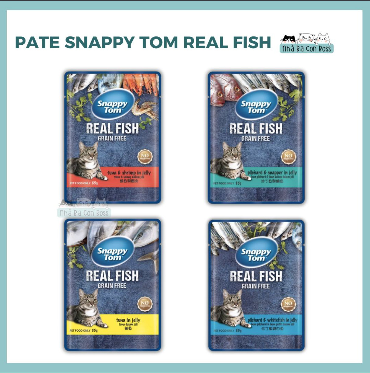 [Combo 6/12/24/48 gói] Pate Cho Mèo Snappy Tom Real Fish/ Meat Jelly 85g