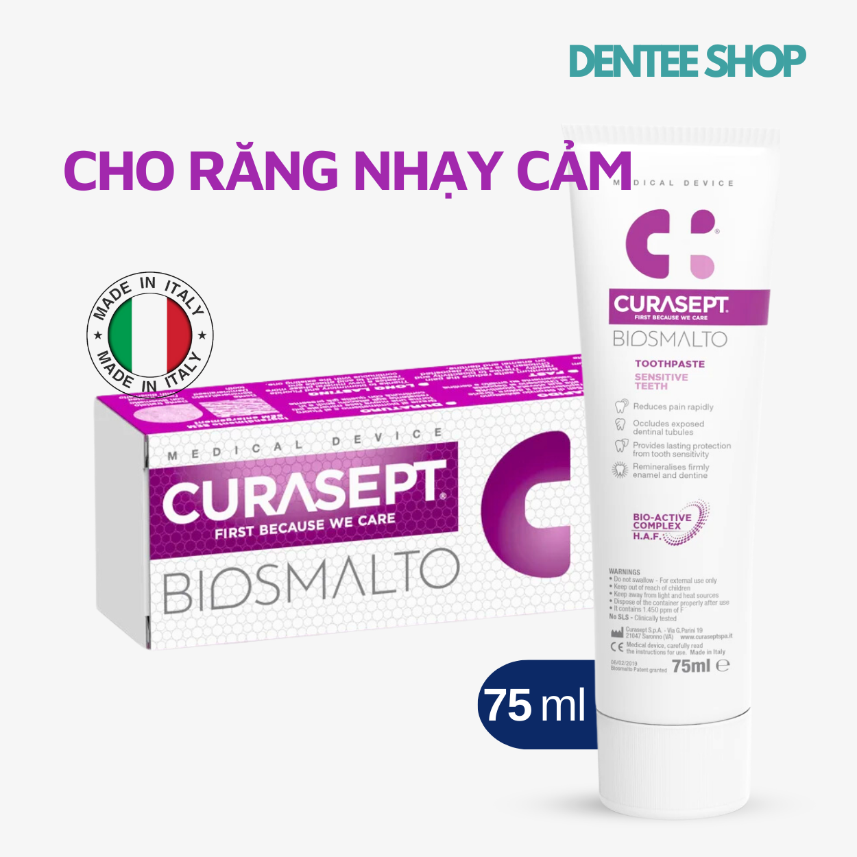 Kem đánh răng Curasept Biosmalto Sensitive, răng ê buốt, niềng răng