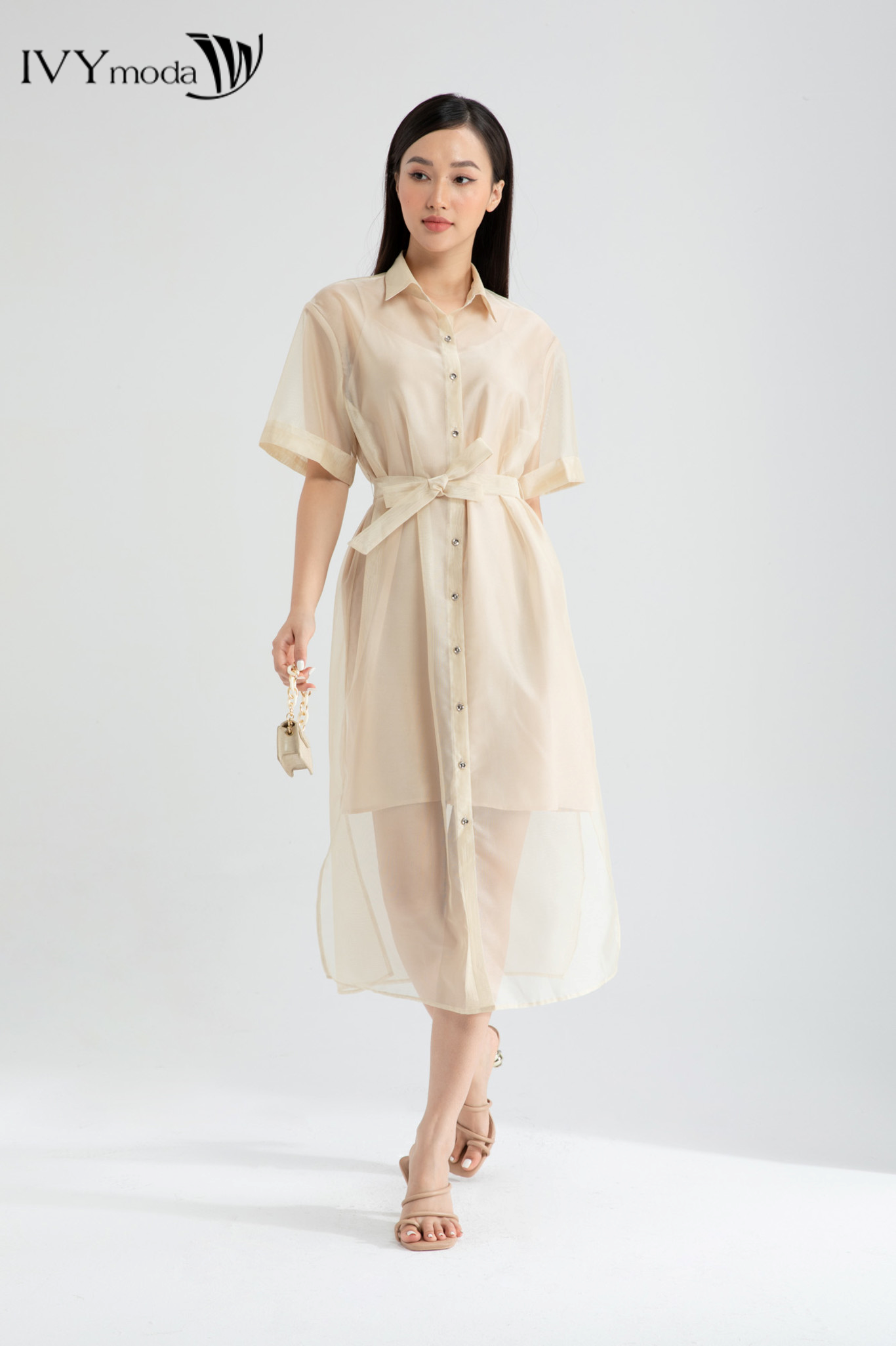 Đầm lưới dáng sơ mi cổ đức thiết kế IVY moda MS 48M6353