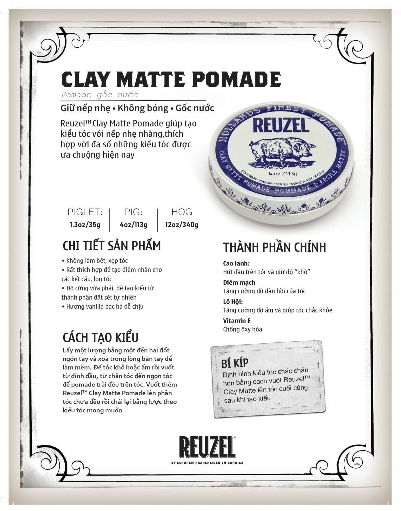 Sáp vuốt tóc Reuzel Clay Matte Pomade 113gr