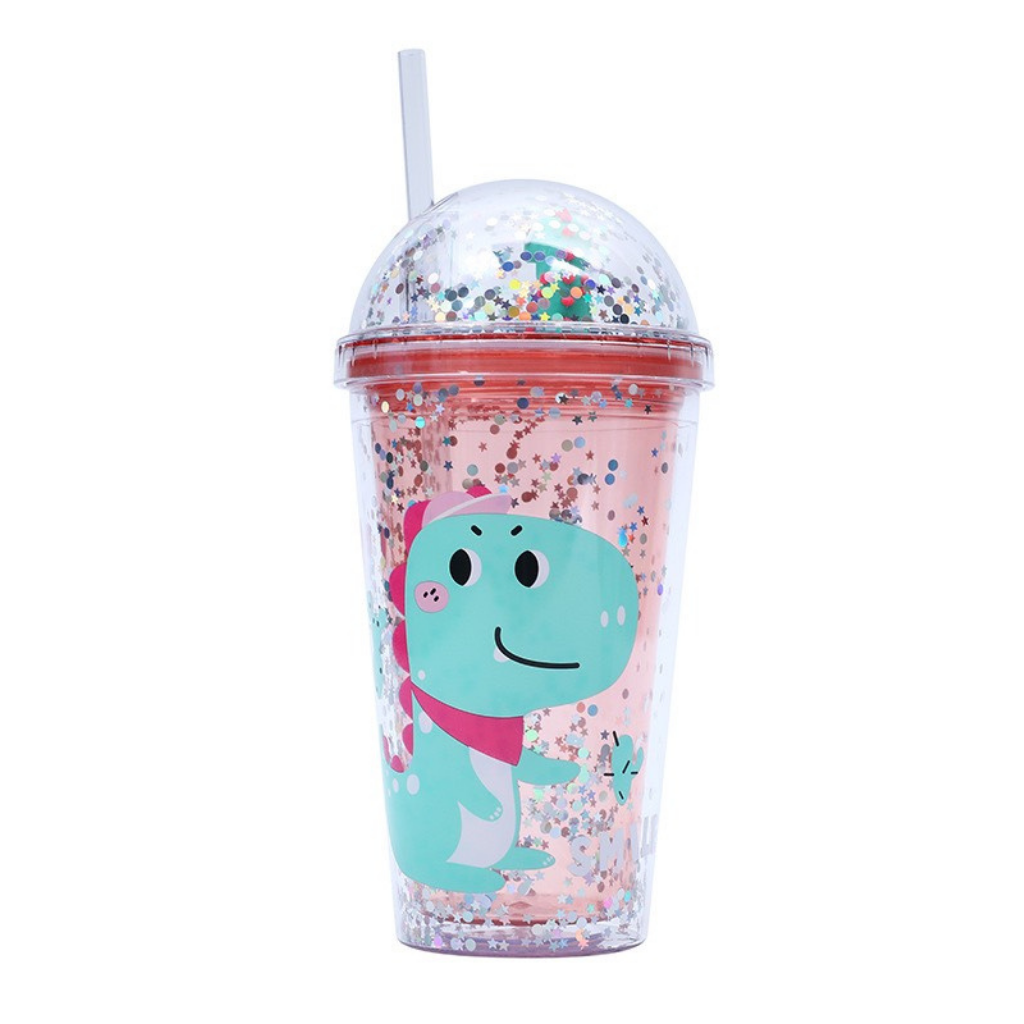 Cost 3D dinosaur sequins thermos cup with straw, double insulated tinsel heat insulating water bottle