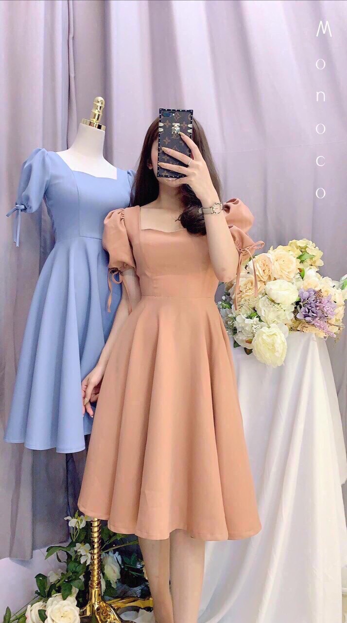 Đầm nữ dự tiệc tay phồng cổ vuông
