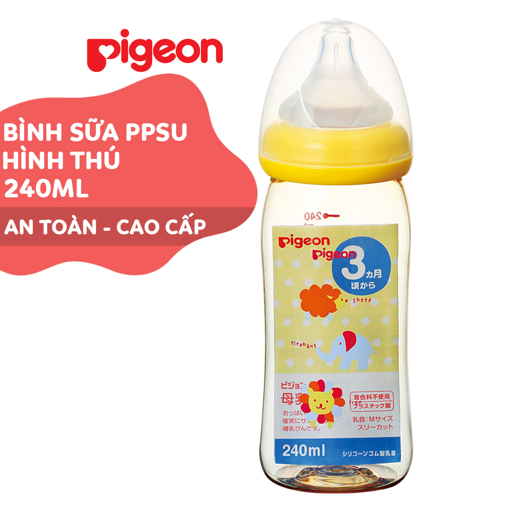 Bình sữa cổ rộng PPSU Plus Hình thú Pigeon 240ml (M)