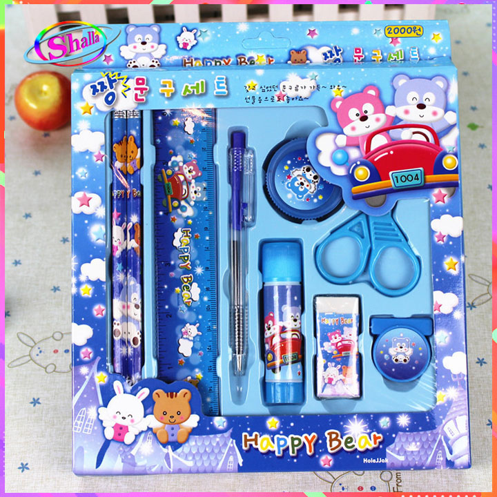 Combo 7 món cao cấp bút bi-bút chì-thước-chuốc-gôm tẩy-kéo-chai hồ Shalla