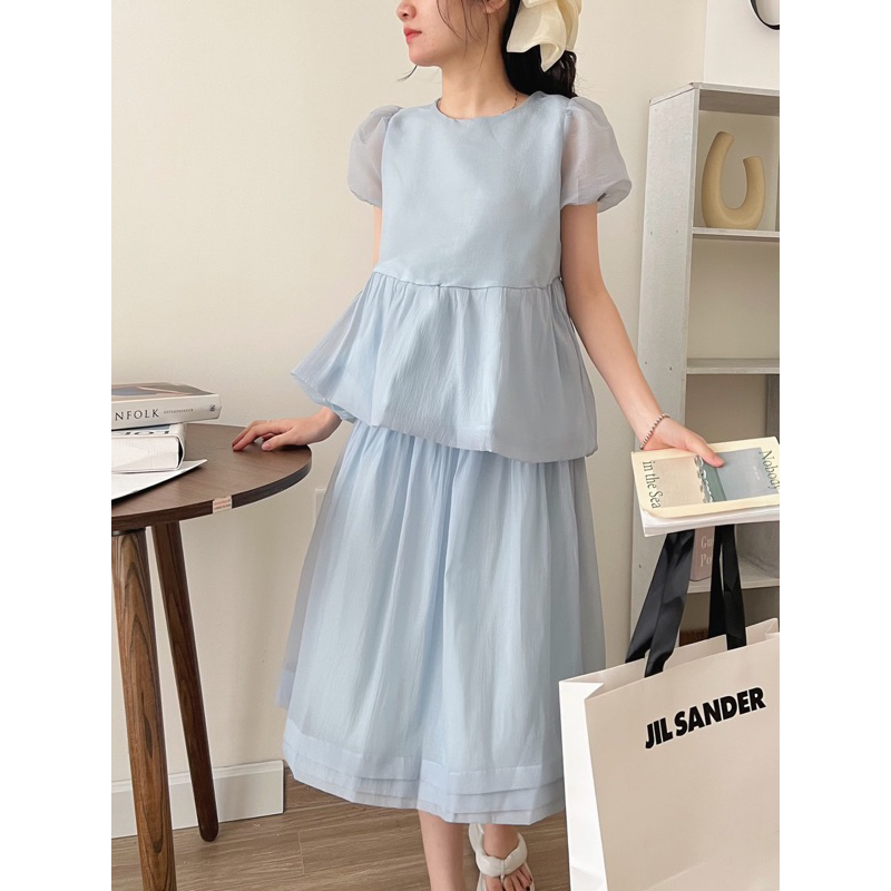 Set áo voan tơ dáng peplum tay bồng mix chân váy midi”niran” vintage