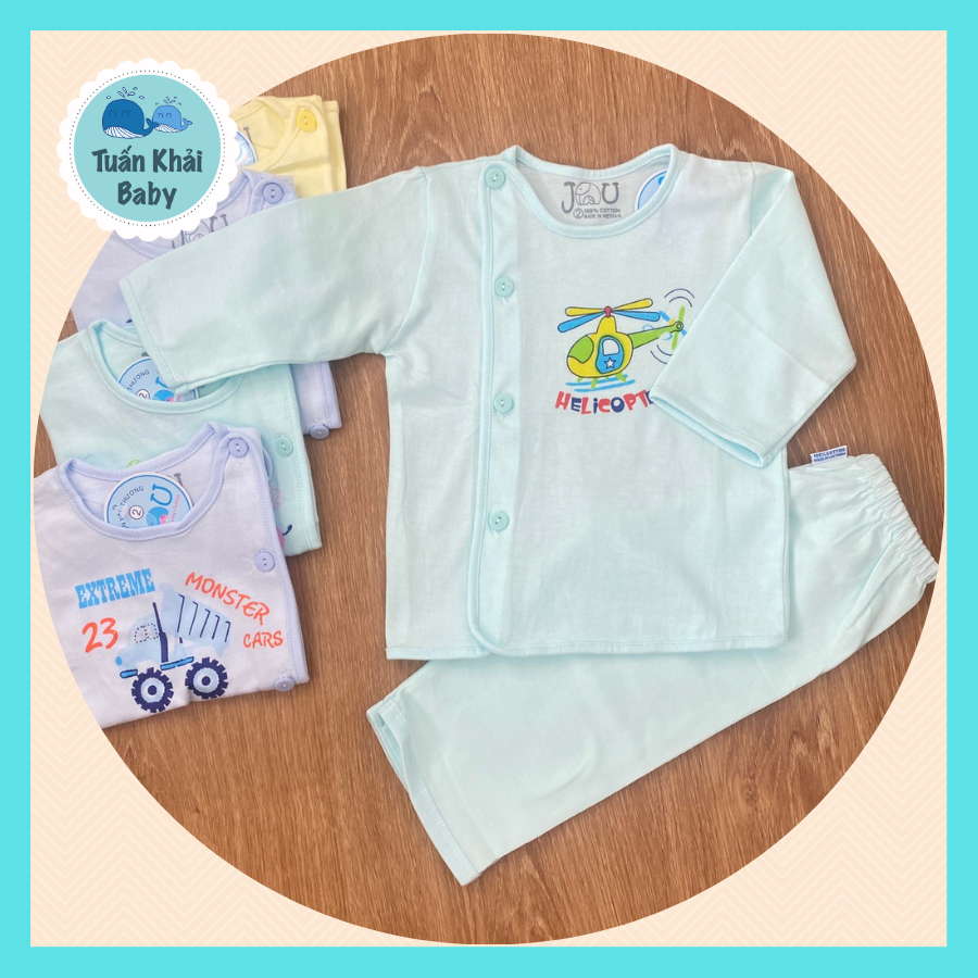 Túi 1 Bộ quần áo sơ sinh Tay Dài Nút Lệch Màu JOU- Có 3 size 1,2,3 cho bé sơ sinh -9kg - Chất vải cotton mềm mịn