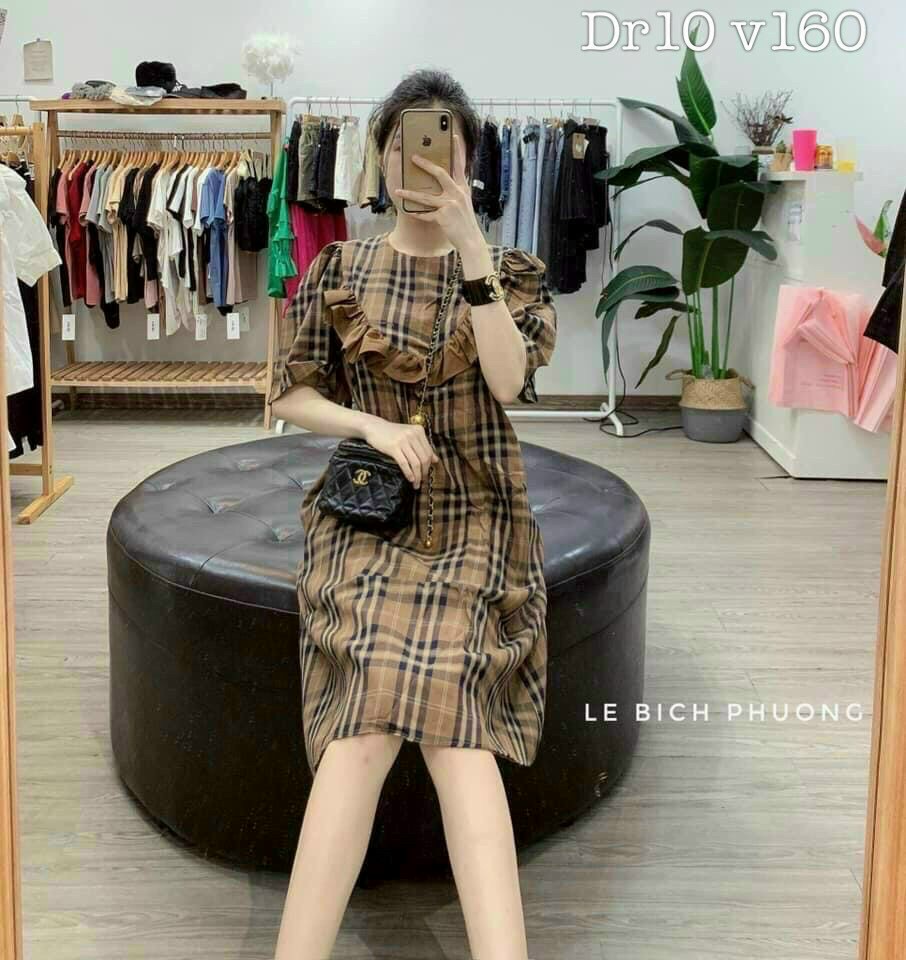 Đầm suông caro tay lỡ cổ bèo #damsuongcaro