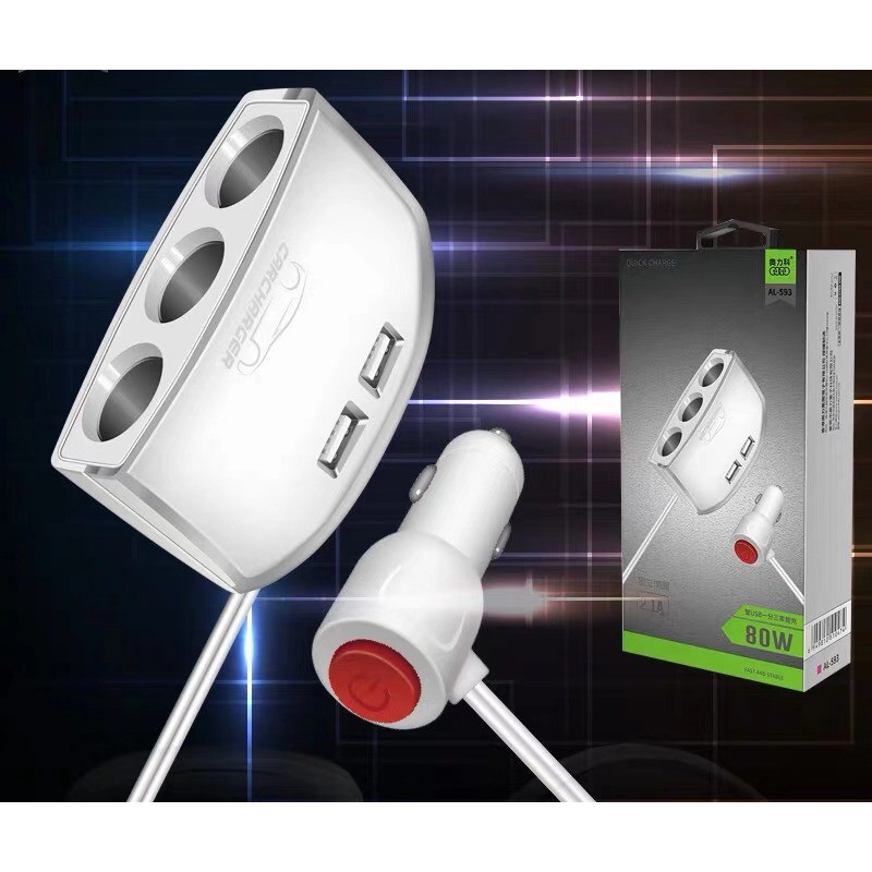 Bộ Chia Tẩu Sạc Xe Hơi Sạc Nhanh 3 tẩu và 2 cổng USB Sạc Nhanh 3.1A Công Suất 80W - 120W Cho Mọi Ô Tô 12V - 24V