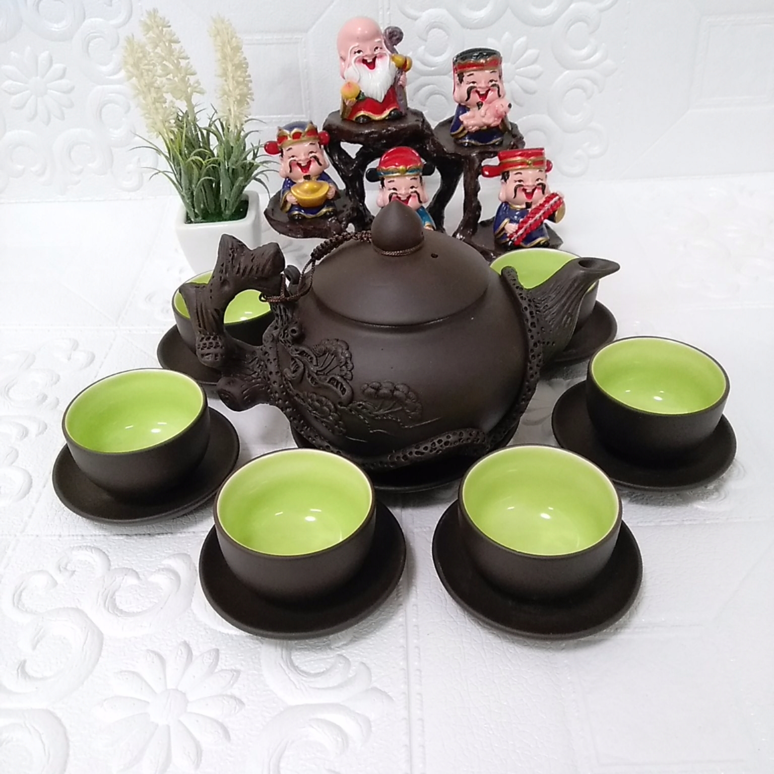 Bộ ấm chén đất nung Bát Tràng cây tùng 400ml màu đen