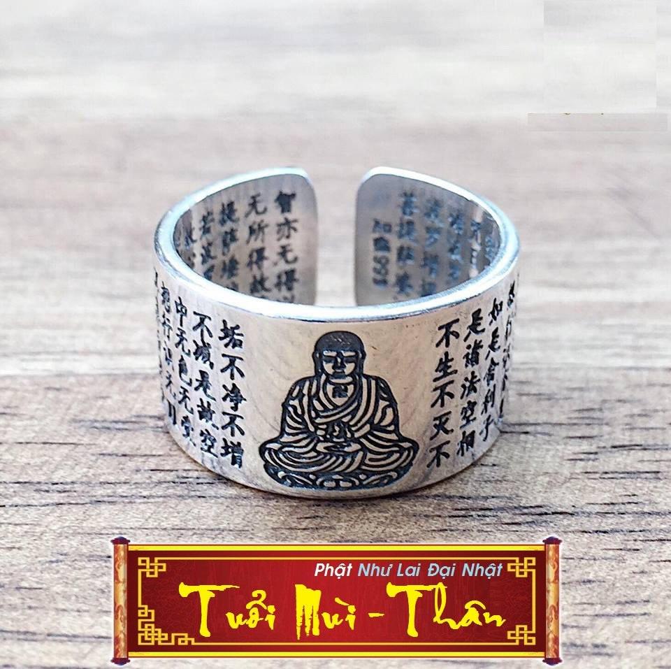 Nhẫn bạc nam bát nhã tâm kinh , nhẫn bởi tại tâm khắc phật bản mệnh độ mệnh cho người tuổi Mùi/Thân- Phật Như Lai Đai Nhật