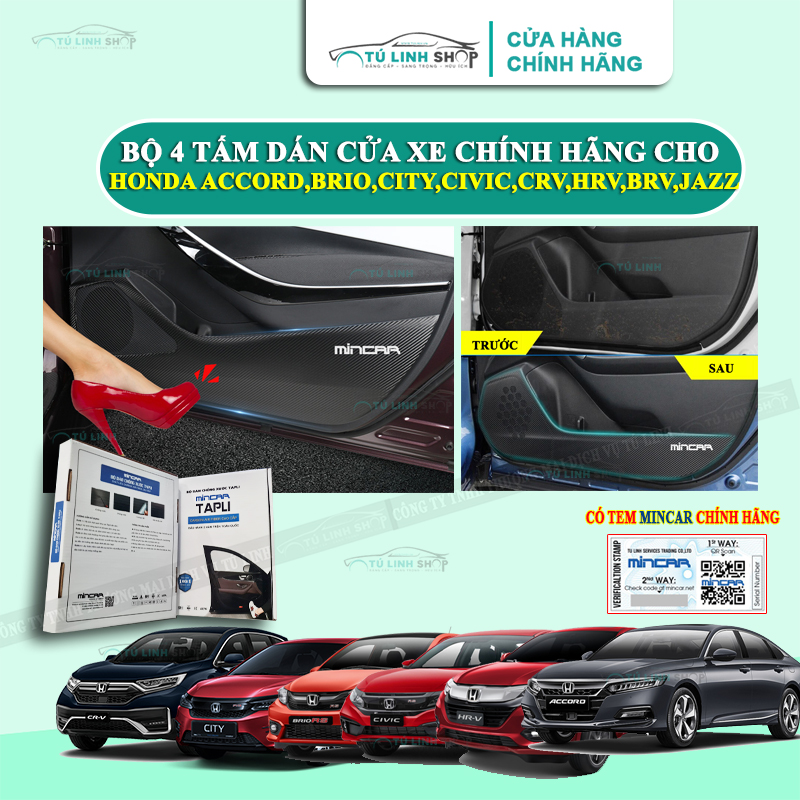 Bộ 4 Tấm dán Tapli xe Honda CRV, Accord, Brio, BRV, City, Civic, HRV, Jazz chính hãng MINCAR bằng Carbon Air Fiber cao cấp