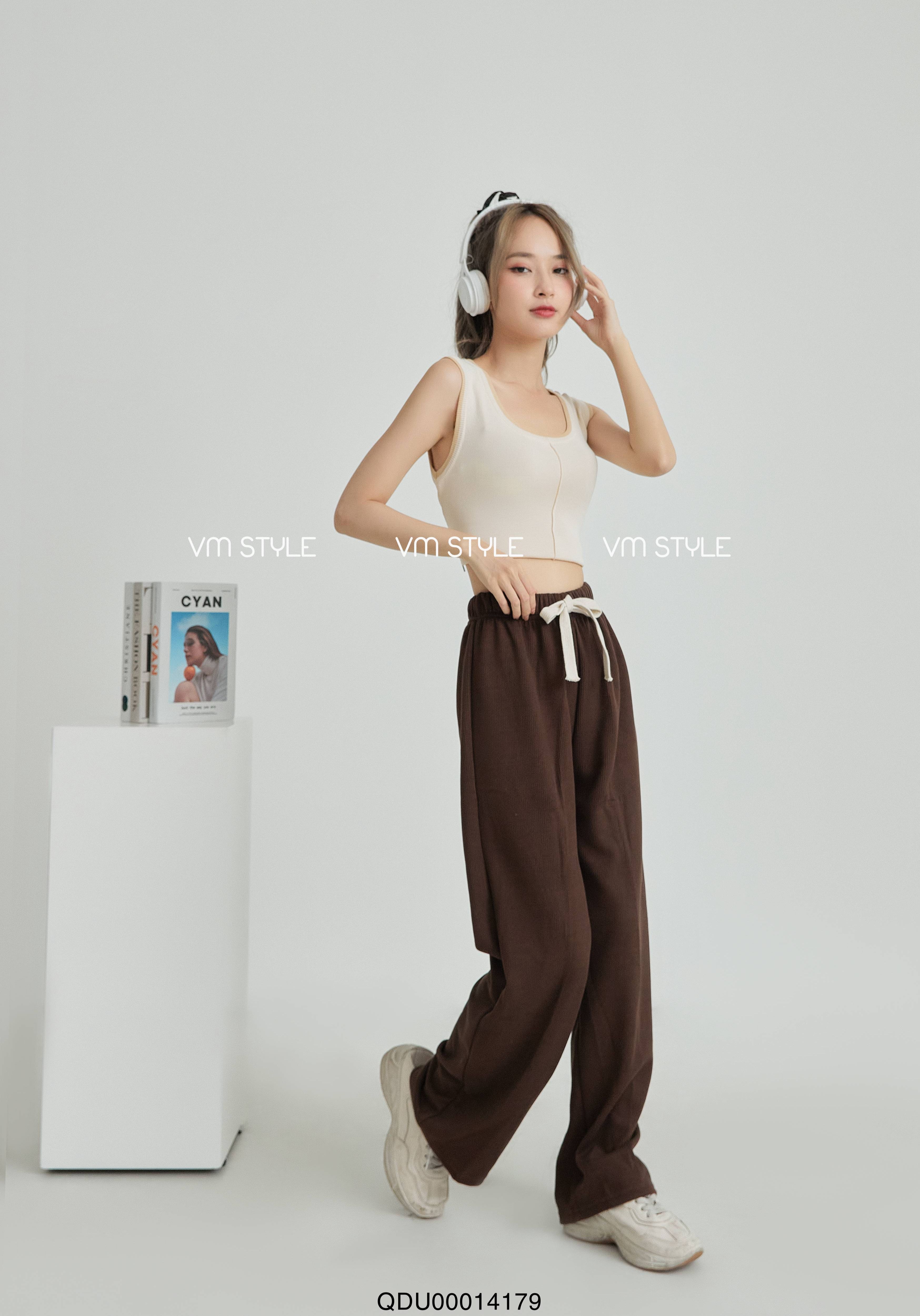 Quần dài nữ VMSTYLE QDU00014 ống suông nhung gân lưng thun dây rút 2740