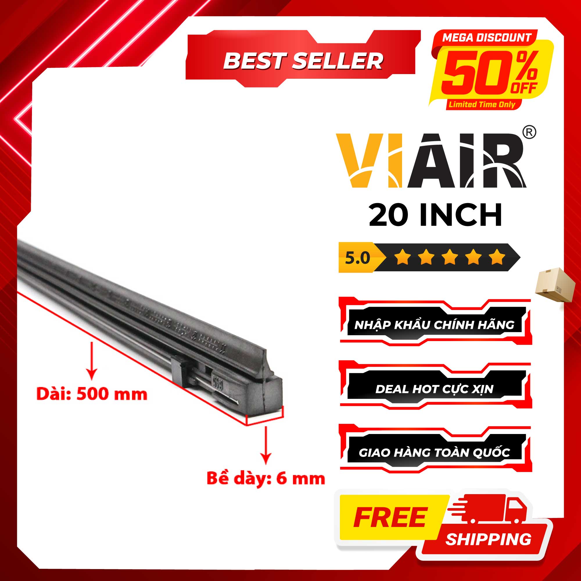 Combo 2 Lưỡi Gạt Mưa Loại A VIAIR R15 (20 Inch/500 mm) - Nhập Khẩu Chính Hãng