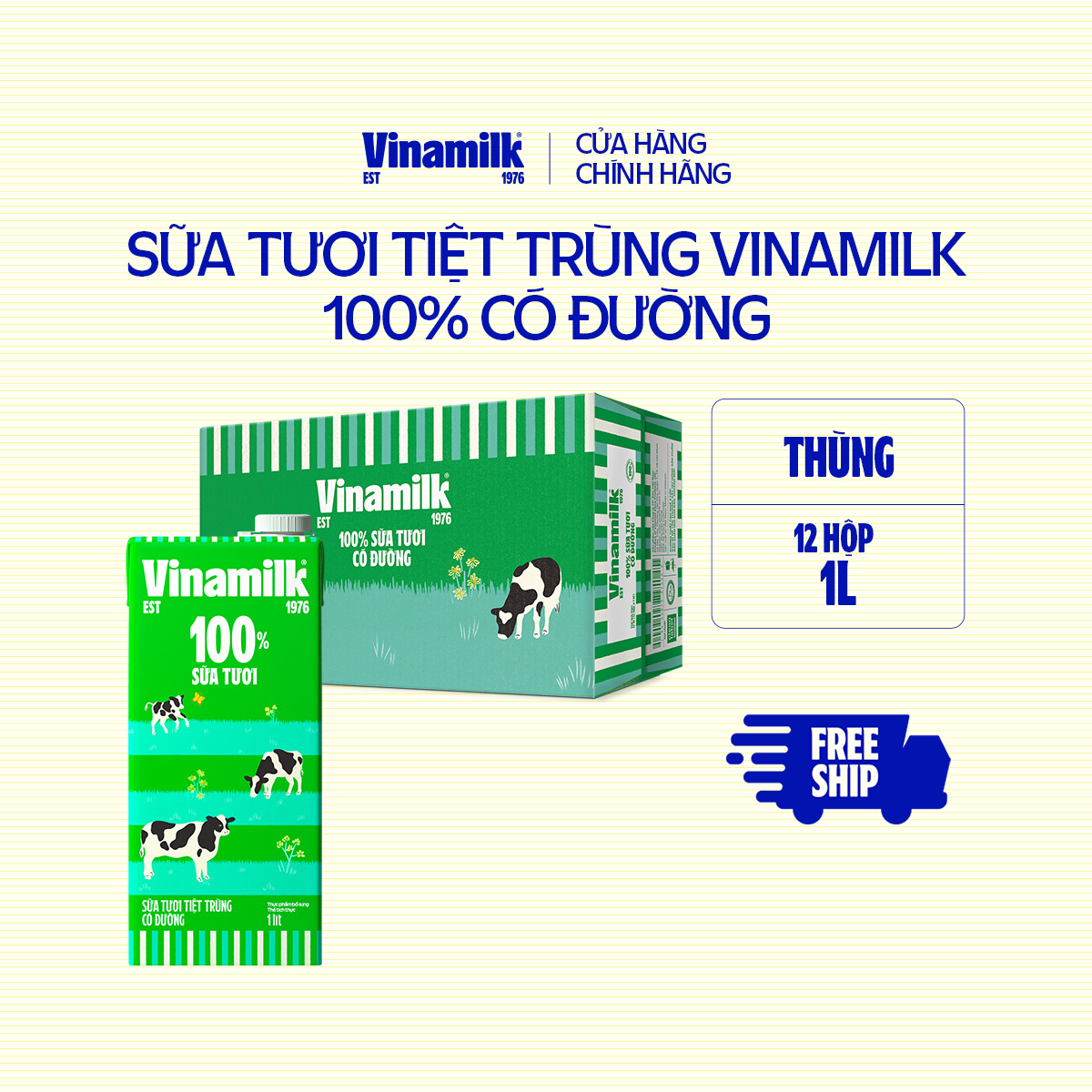 Thùng 12 Hộp Sữa tươi tiệt trùng Vinamilk 100% Có đường 1L (Hộp giấy)