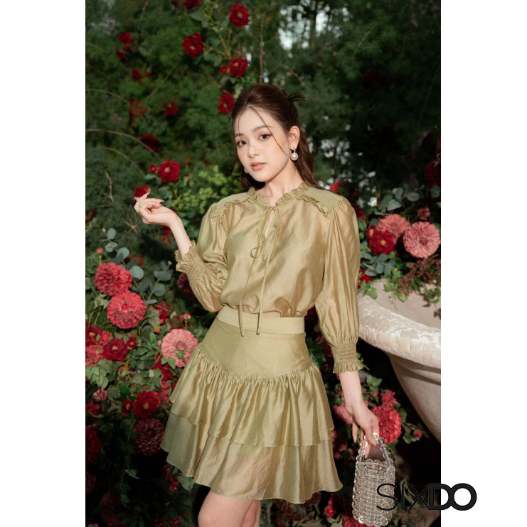 Chân váy tơ mini 2 tầng thời trang SIXDO (Z-Green Nuggets Ruffled Mini Skirt)