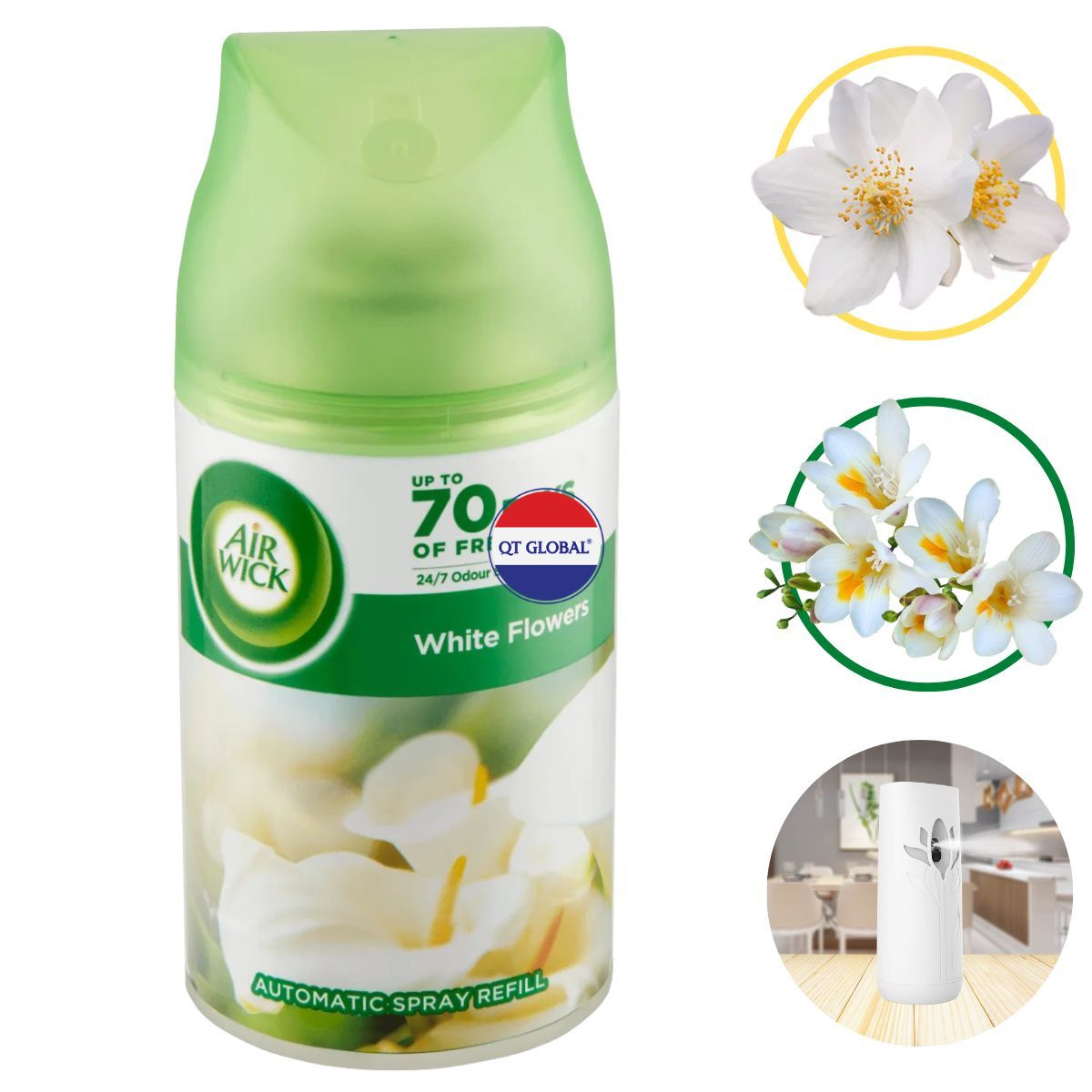 Bình xịt tinh dầu thơm phòng, khử mùi, đuổi muỗi Air Wick Essential Oil Refill  White Flowers 250ml. HOA NHÀI, LAN TRẮNG