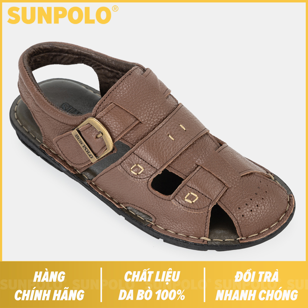 Dép Sandal Nam Da Bò Bít Mũi SUNPOLO SDA020 (Nâu)