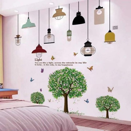 Decal dán tường chùm đèn light và ba cây xanh