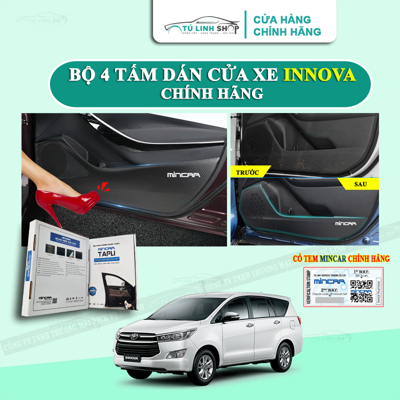 Bộ 4 Tấm dán Tapli xe INNOVA chính hãng MINCAR, chống xước tapi cửa ô tô bằng Carbon Air Fiber cao cấp
